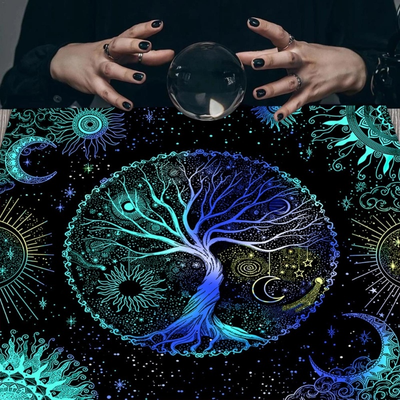 Khăn Trải Bàn Hình Vuông In Họa Tiết Cây Lá Bài Tarot Độc Đáo