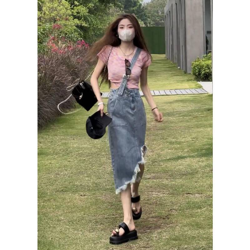 Chân váy jean Chữ A Lưng Cao Lệch Tà Thời Trang Mùa Hè Cho Nữ Cỡ 40-80kg