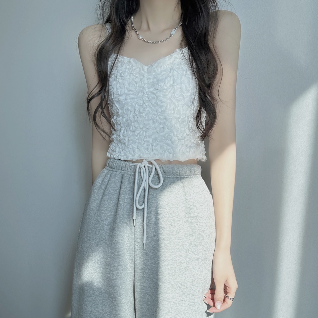 Suxi Áo Tank Top Hai Dây Màu Trơn Họa Tiết Hoa Có Đệm Ngực Cho Nữ