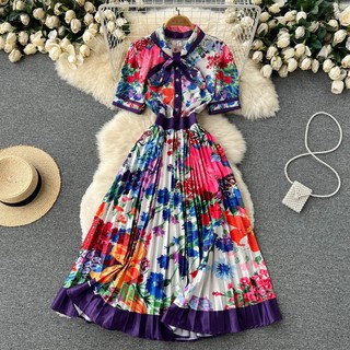 Đầm Dáng Chữ A Eo Cao Thắt Nơ In Họa Tiết Phong Cách Vintage Thanh Lịch Thời Trang Mùa Hè Dành Cho Nữ