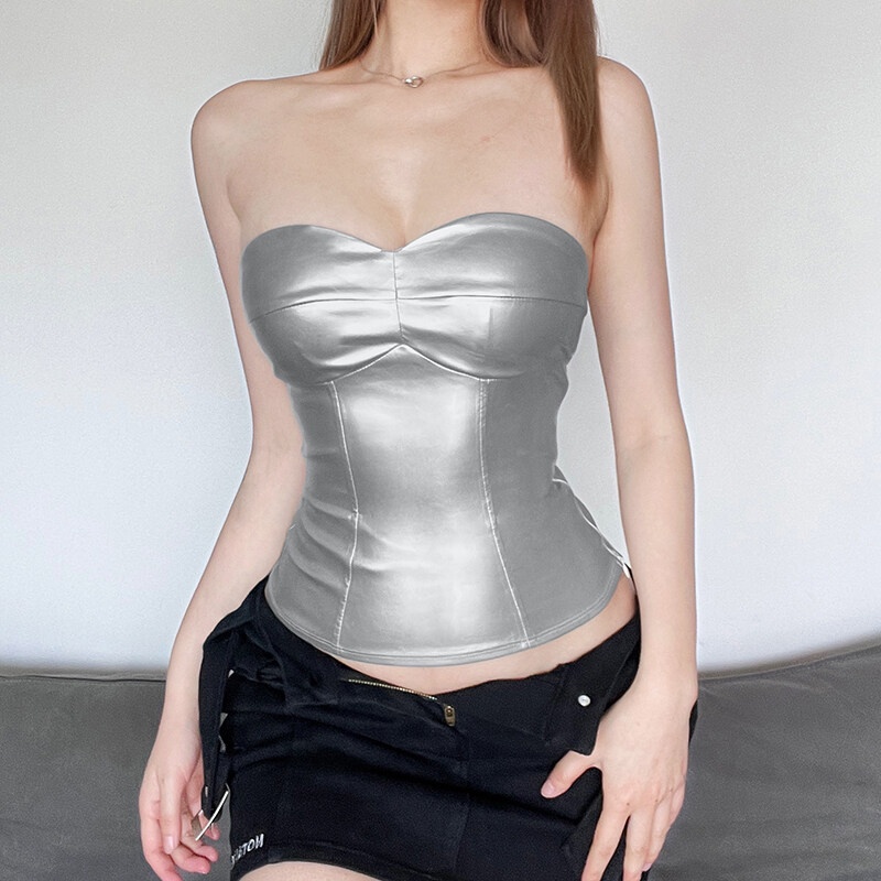 Kliou Áo Không Tay Bằng Da PU Bóng Thời Trang Mùa Hè 2023 Dành Cho Nữ