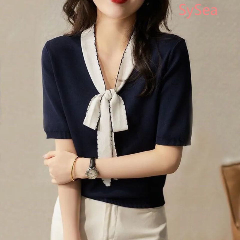 Áo Dệt Kim Phối Nơ Xinh Xắn Theo Phong Cách Mùa Hè Dành Cho Nữ