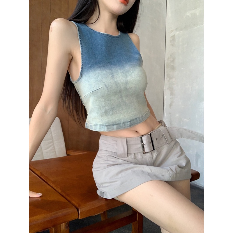 「Nonfatgirl」Áo Denim Không Tay Màu Gradient Thời Trang Mùa Hè Dành Cho Nữ
