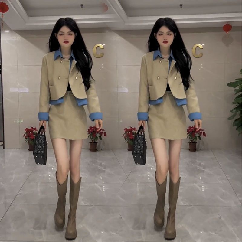 Hàng Mới Về Bộ Áo Khoác / Chân Váy Ngắn Phối Màu Tương Phản Thời Trang Mùa Xuân Châu Âu Cao Cấp