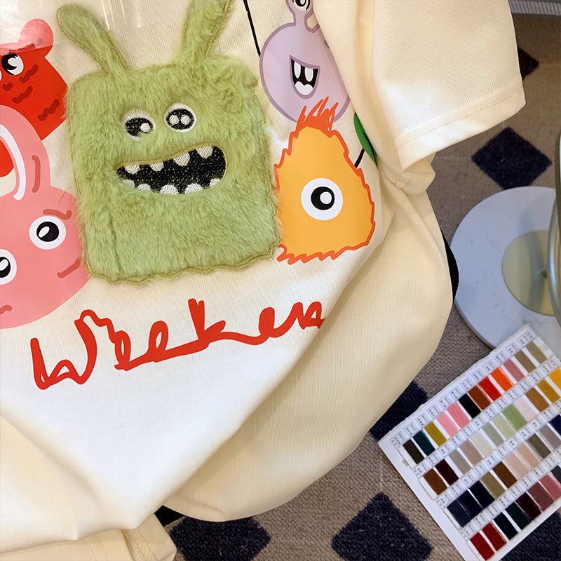 Áo Thun 100% Cotton Tay Ngắn Dáng Rộng Thêu Họa Tiết Hoạt Hình Thời Trang 2023 Cho Nữ