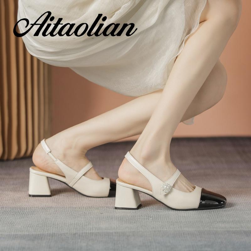 Xăng đan Cao Gót 5cm Bằng Da Thật Mũi Tròn Đế Mềm Màu Trơn Cho Nữ