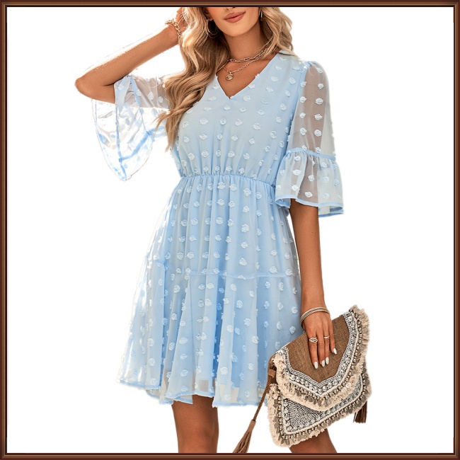 Đầm Tay Ngắn Cổ Chữ V Màu Trơn Thời Trang Mùa Hè Dễ Thương Cho Nữ