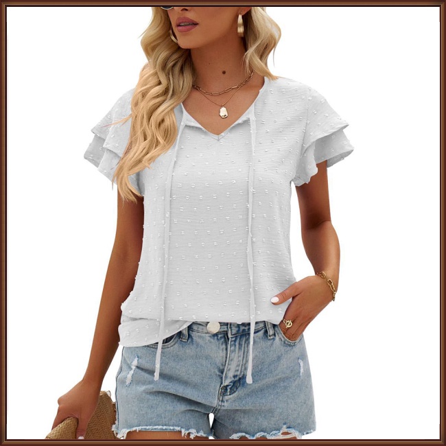 Áo Sơ Mi Chiffon Cổ Tròn Tay Ngắn Phối Bèo Và Quả Bông Thời Trang Mùa Hè Cho Nữ