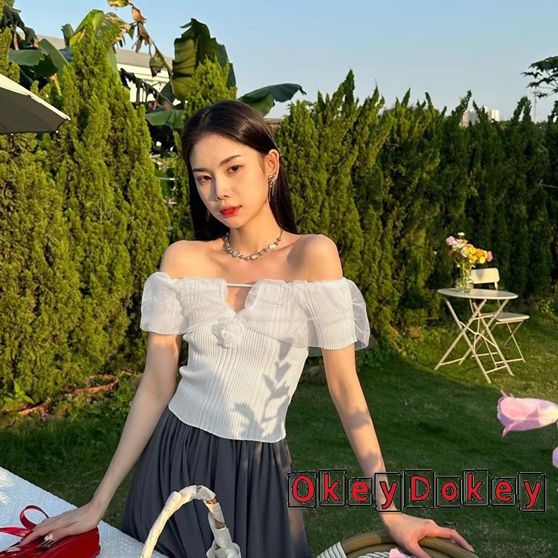 Áo Thun Tay Ngắn Hở Vai Màu Trơn In Họa Tiết Hoa 3D Dành Cho Nữ