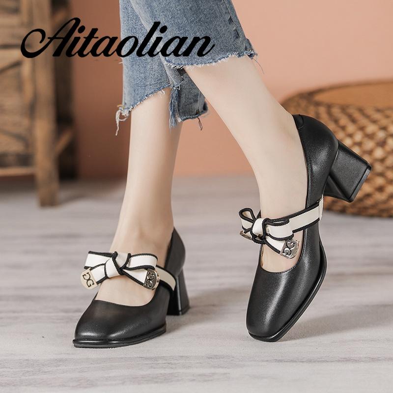 Giày Cao Gót 5Cm Da Mềm Mũi Vuông Phong Cách retro Anh Quốc