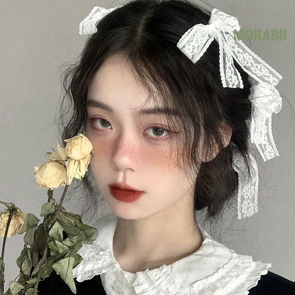 Bộ 3 / 4 / 6 Kẹp Tóc Nơ Phối Ren Trắng Thêu Họa Tiết Phong Cách Lolita Xinh Xắn Cho Bé Gái