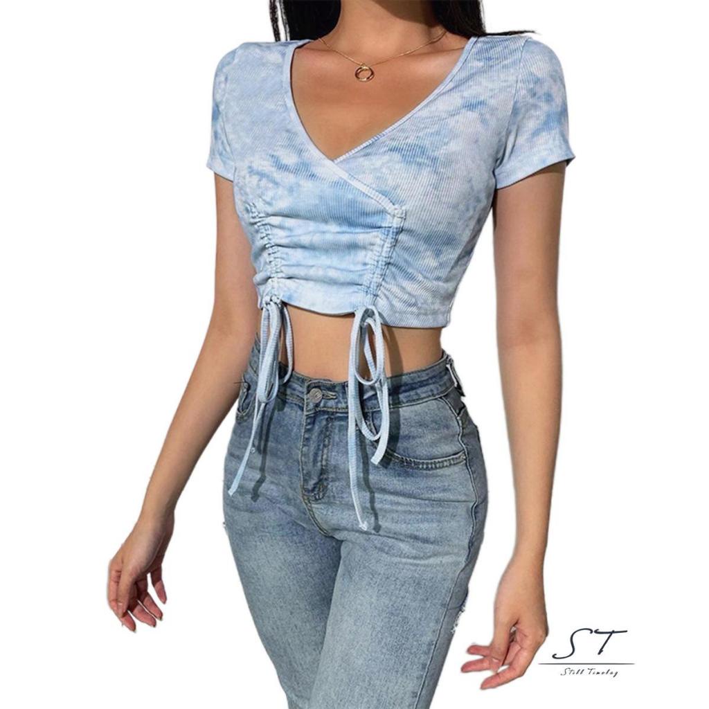 Áo Dệt Kim Ngắn Tay Dáng Ôm Họa Tiết Màu Nhuộm Thời Trang Mùa Hè CY03 Cho Nữ