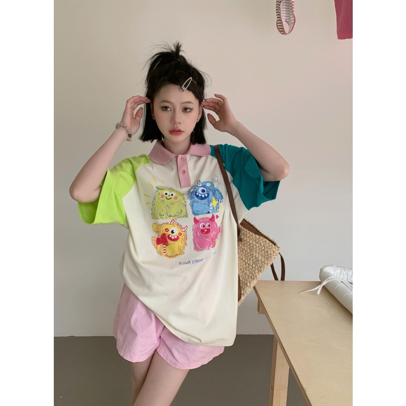 Áo polo Ngắn Tay Dáng Rộng In Họa Tiết Tương Phản Thời Trang Mùa Hè Mới