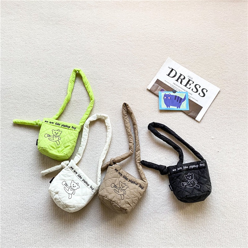 Túi Đeo Chéo Hình Vuông Cỡ Nhỏ Bằng Vải Cotton In Họa Tiết Chú Gấu Dễ Thương Thời Trang Cho Bé Gái