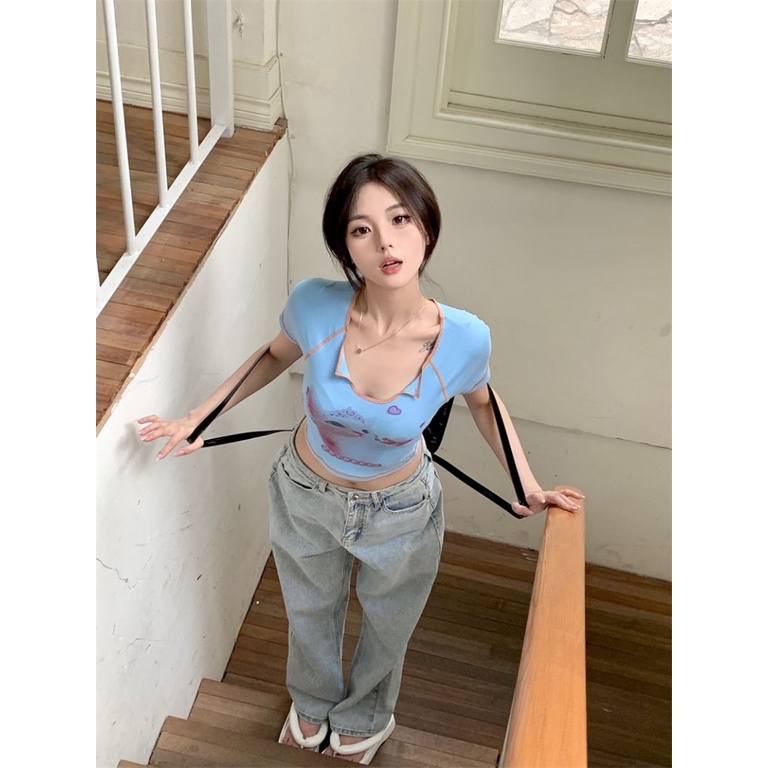 Áo baby tee Thun croptop Croptop Tay Ngắn Cổ Chữ U In Hình Mèo Thời Trang Mùa Hè Dành Cho Nữ