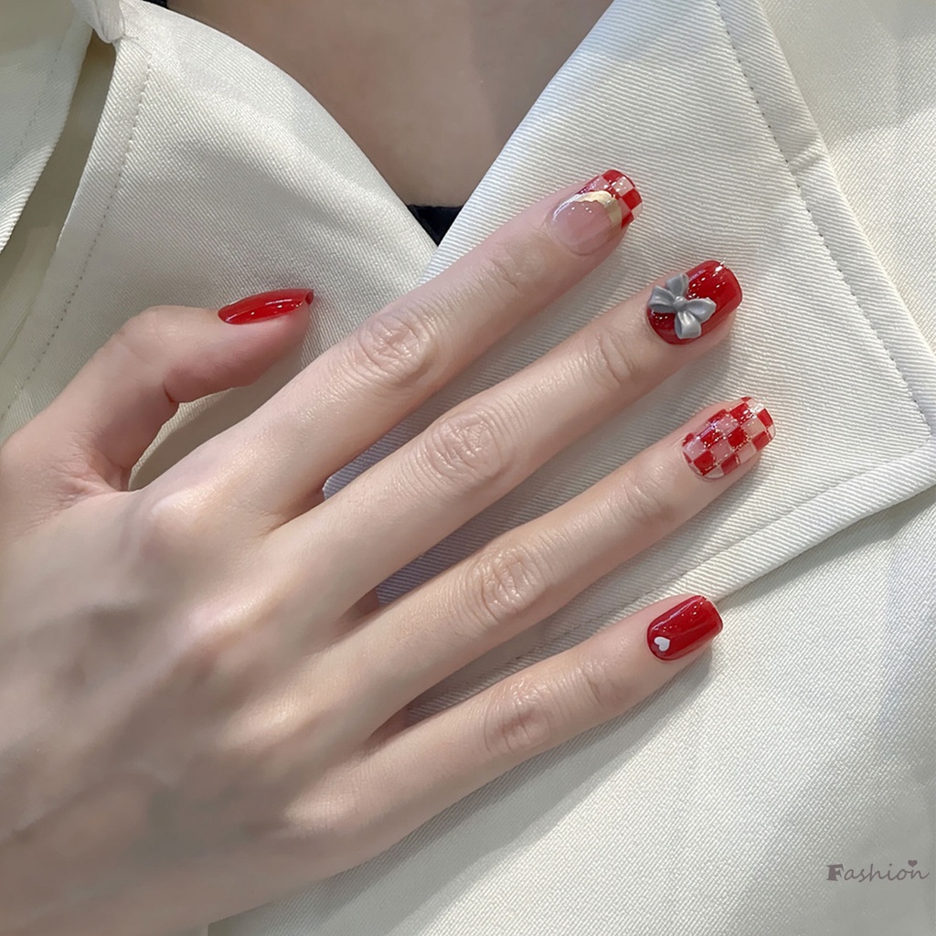 Bộ Móng Tay Giả Ngắn Chống Nhòe Đính Nơ Xinh Xắn