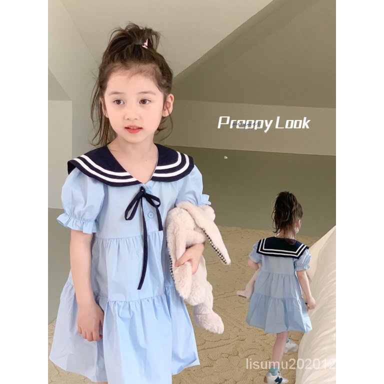 Đầm Công Chúa Tay Ngắn Cổ Thủy Thủ Phong Cách Preppy Bằng Cotton Phong Cách Mới Cho Bé Gái