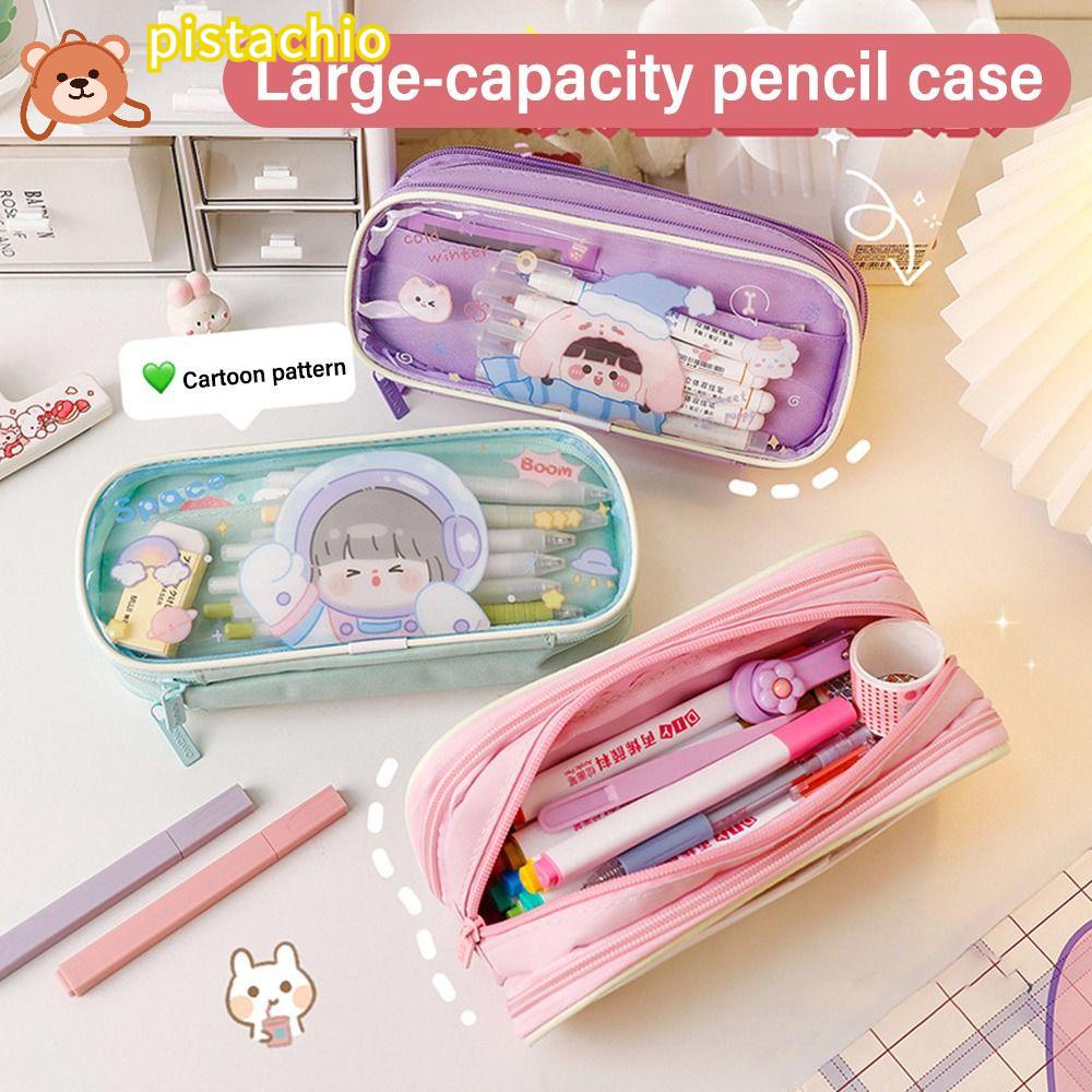 Túi Đựng Bút Chì / Mỹ Phẩm Ba Ngăn Trong Suốt Có Khóa Kéo Họa Tiết Hoạt Hình