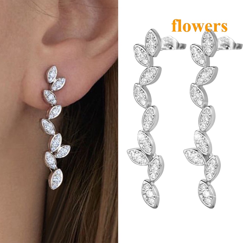 Bông Tai 3A Hình Chiếc Lá Đính Đá zircon Sáng Tạo