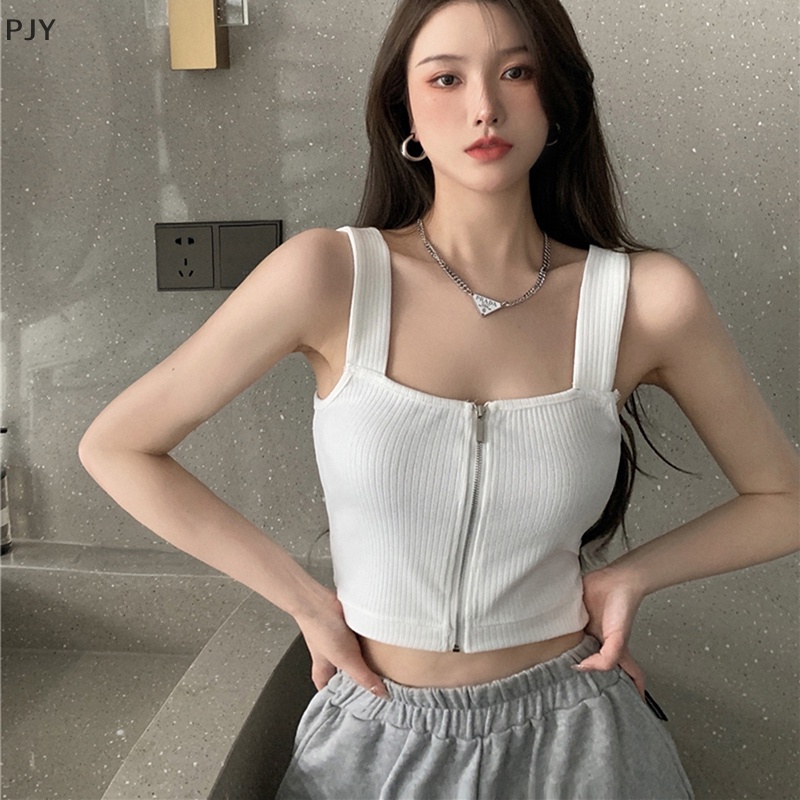 Áo Hai Dây Dệt Kim Màu Trơn Phối Khóa Kéo Quyến Rũ Cho Nữ