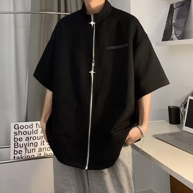 Áo Khoác Tay Ngắn Cổ Đứng Có Khóa Kéo Phong Cách Retro Mỹ Cá Tính Cho Nam Nữ