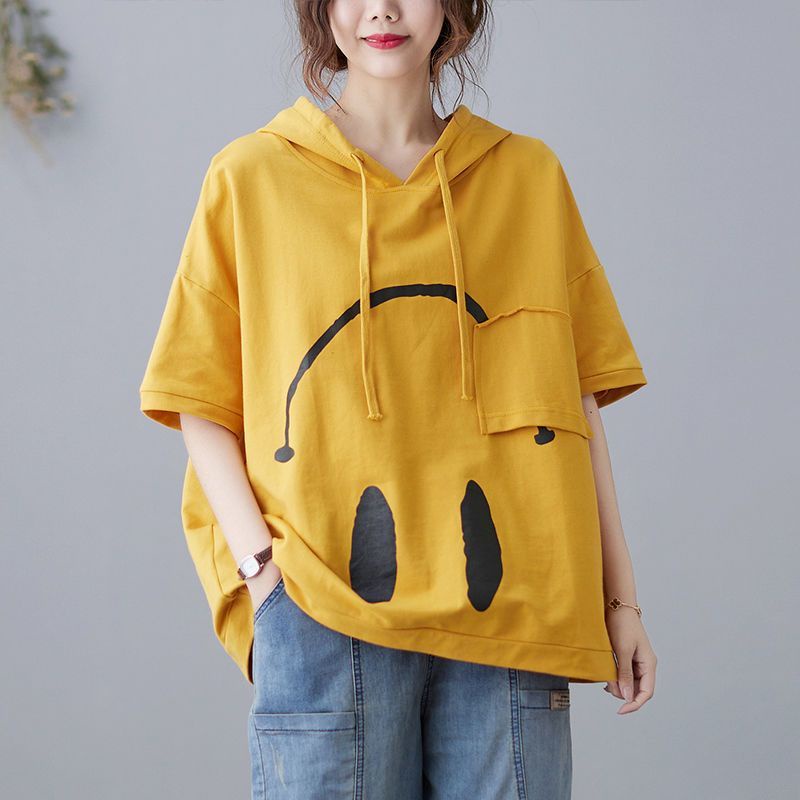 Áo Thun Mỏng Mùa Hè Tay Cộc Có Mũ Trùm Dáng Rộng Kích Thước Lớn m-4xl Thời Trang Mới 2023 Cho Nữ