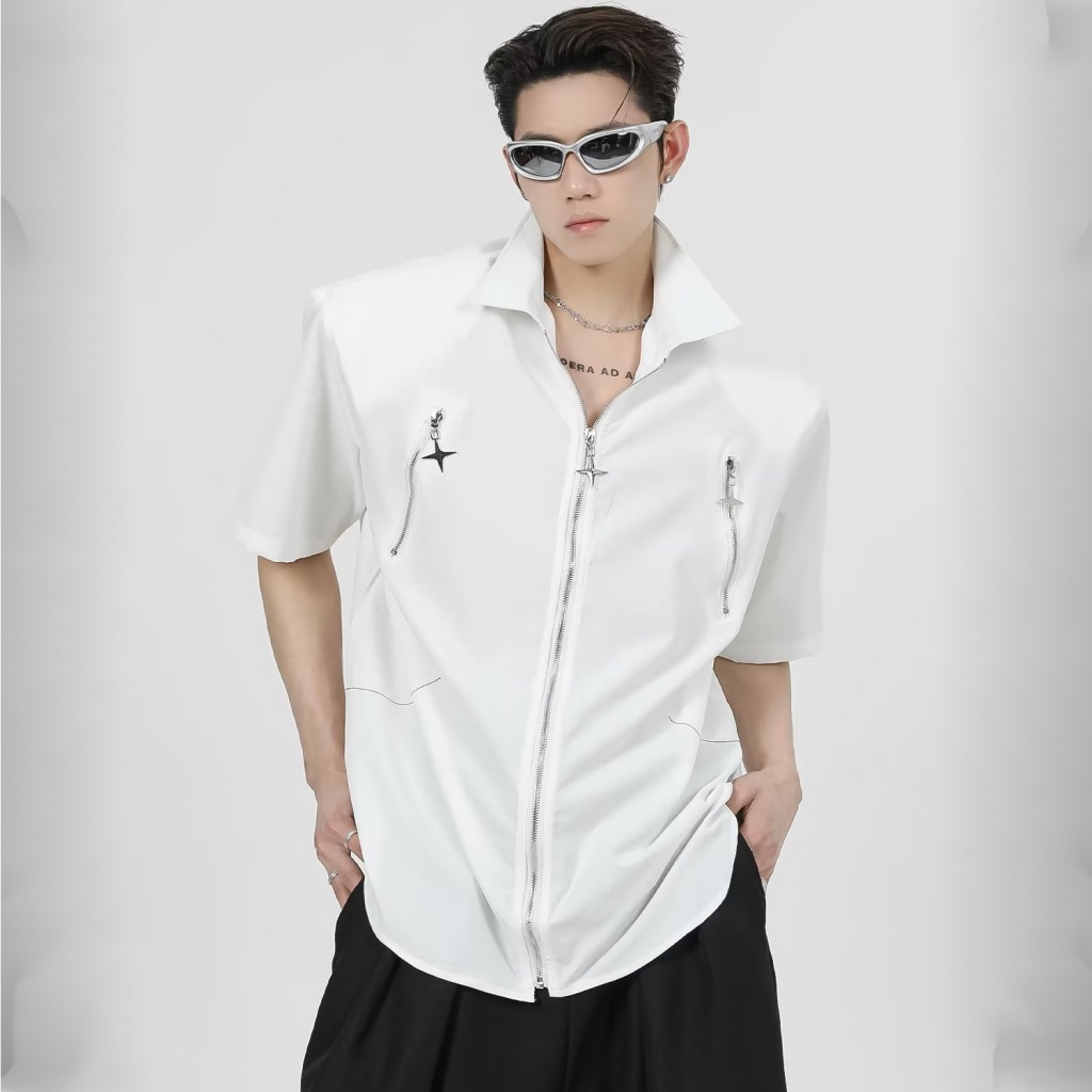 Áo Sơ Mi Tay Ngắn Dáng Rộng Phong Cách Hip Hop Cá Tính Cho Nam