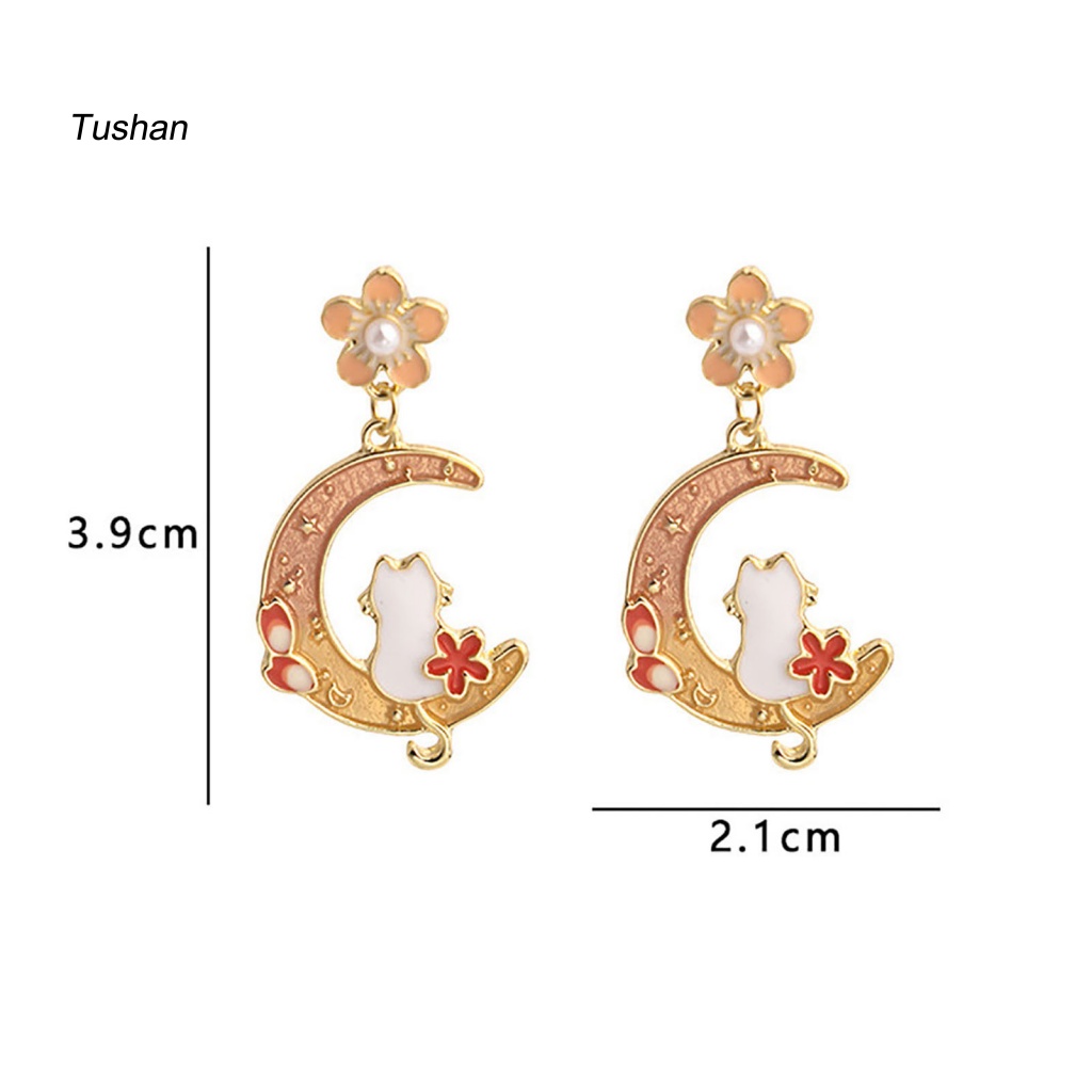 1 Đôi Bông Tai Xỏ Lỗ Mạ Điện Họa Tiết Hoa / Mặt Trăng / Thỏ Dễ Thương Dành Cho Nữ