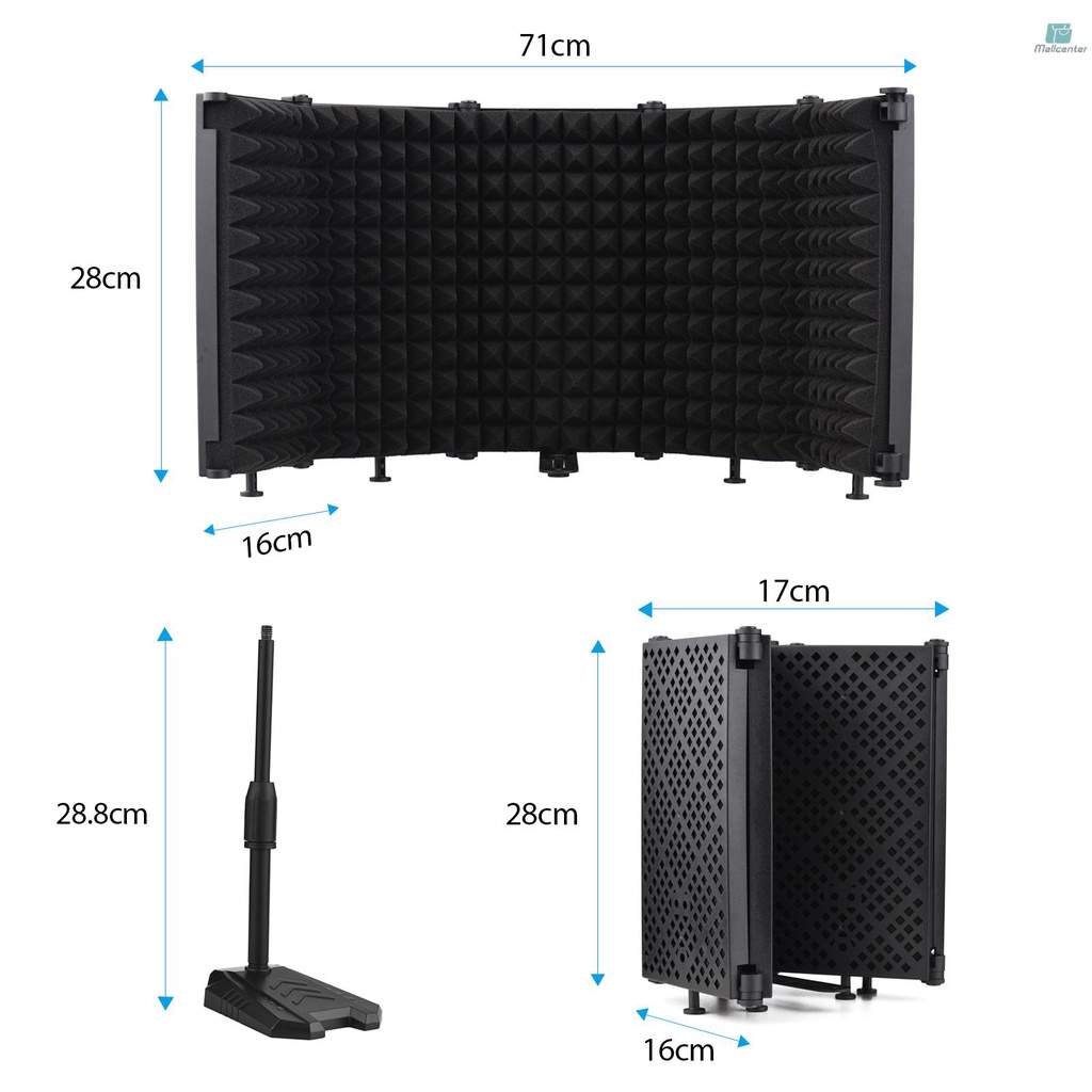 Foldable Microphone Isolation Screen5-Panel Mic Sound Absorbing Foam Reflector with 3/8 Inch &amp; 5/8 Inch Mic Threaded Mount Desktop Stand Smartphone Tablet Clip for Studio Live Streaming Audio Recordin