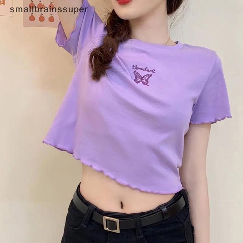 Áo Thun Croptop Ngắn Tay Cổ Tròn Thêu Hình Bướm Xinh Xắn Theo Phong Cách Mùa Hè Dành Cho Nữ