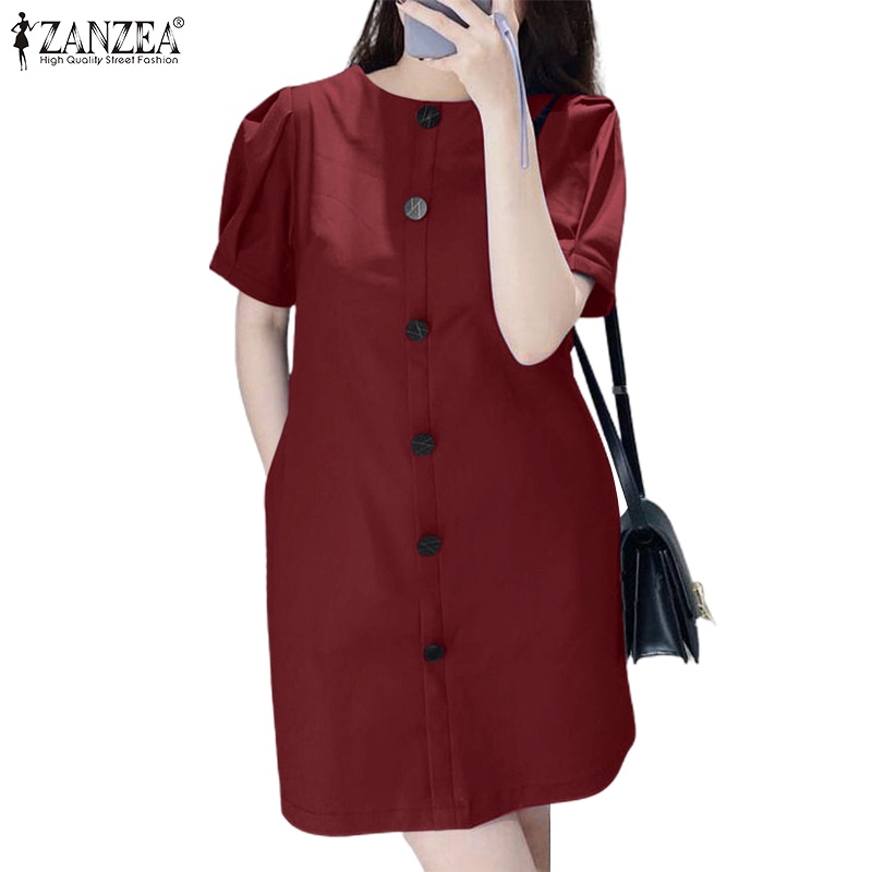 Zanzea Đầm Ngắn Tay Cổ Tròn Có Túi Phong Cách Hàn Quốc Cho Nữ