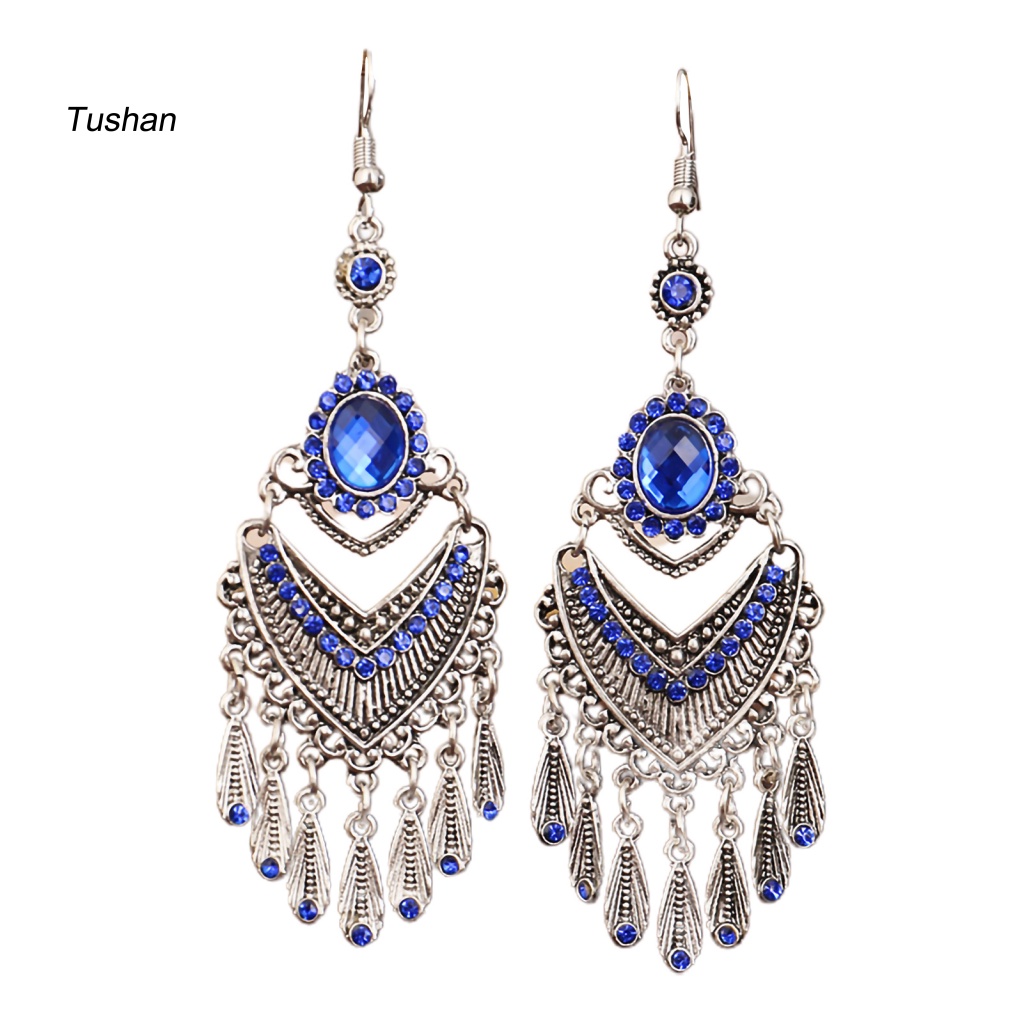 1 Đôi Bông Tai Móc Hình Giọt Nước Họa Tiết Dân Tộc Phong Cách Vintage