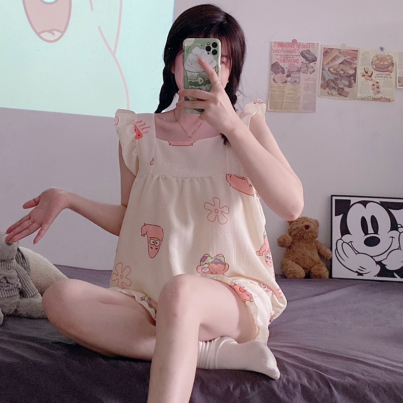 Bộ Đồ Ngủ Hai Mảnh Áo Hai Dây Phối Quần Short Phong Cách Công Chúa Ngọt Ngào Thời Trang Mùa Hè Mới Dành Cho Bạn Nữ