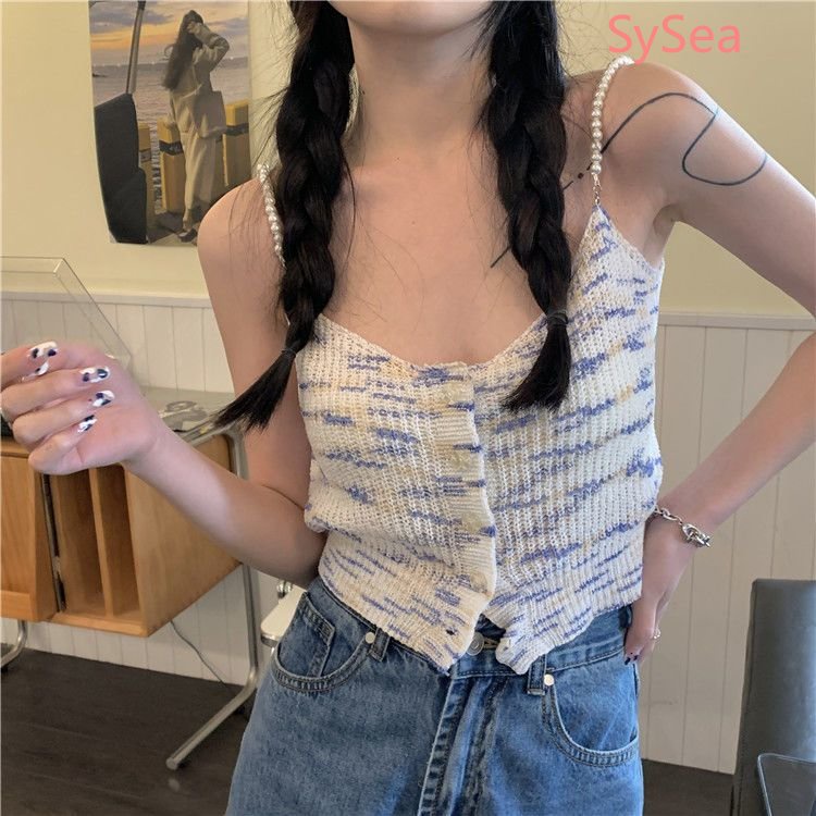 Áo Dệt Kim Hai Dây Ôm Dáng Đính Ngọc Trai Phong Cách Hàn Quốc