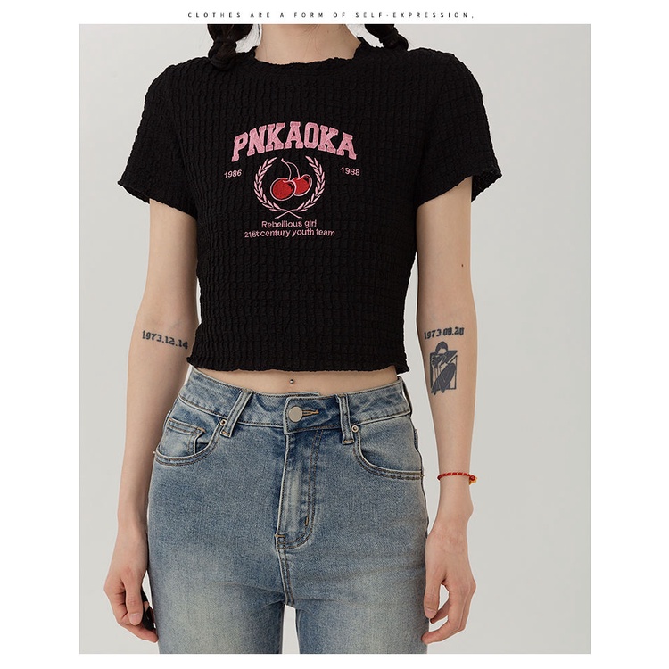 Áo baby tee Thun croptop nữ Ngắn Tay Cổ Tròn Màu Đen Thêu Họa Tiết Cherry Thời Trang Mùa Hè Cho Nữ