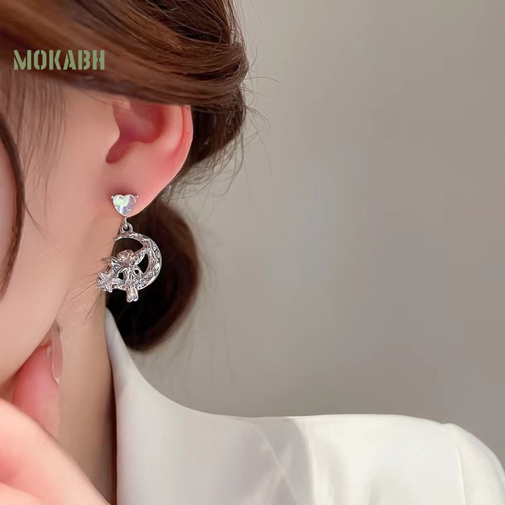 1 Đôi Bông Tai Hình Trái Tim Đính Đá Mặt Trăng Ngôi Sao Không Gây Dị Ứng Thời Trang