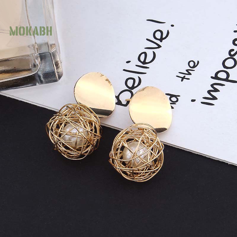 Bông Tai Hình Học Đính Ngọc Trai Giả Thời Trang Cho Nữ