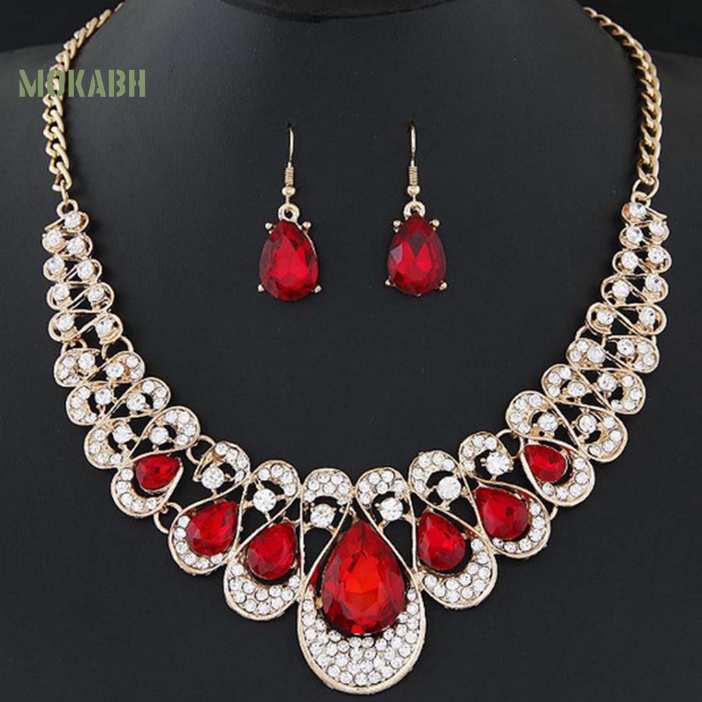 Set 2 Vòng cổ / Bông Tai Hình Giọt Nước Đính Đá Nhiều Màu Thời Trang