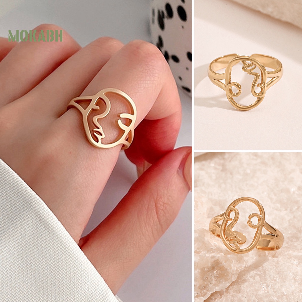 Bộ 2 Nhẫn Đeo Tay Họa Tiết Mặt Trừu Tượng Thiết Kế Điều Chỉnh Được Không Phai Màu Phong Cách Tối Giản