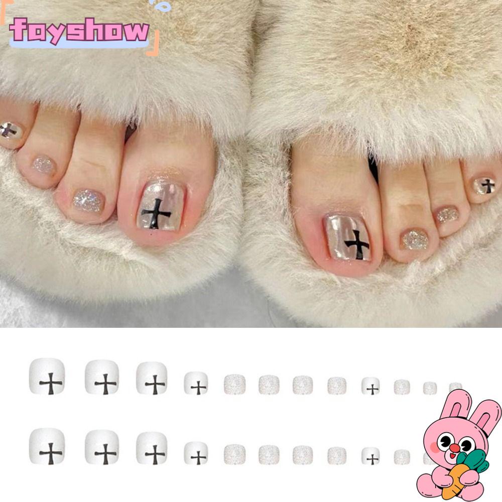 Set 24 Móng Chân Giả Hình Vuông Ngắn Phong Cách Pháp Cho Nữ