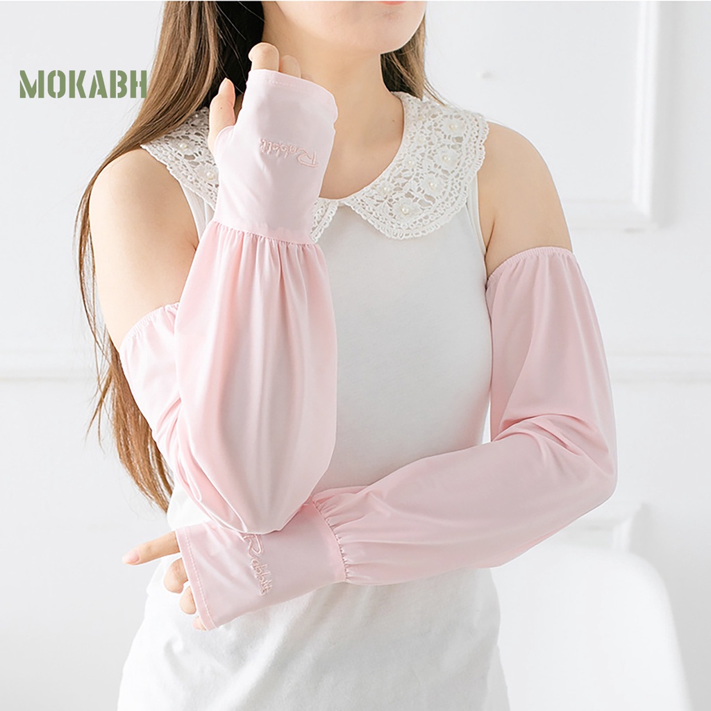 1 Cặp Găng Tay Chống Nắng Bằng Lụa Lạnh Dáng Rộng Co Giãn Thêu Họa Tiết Thời Trang Mùa Hè