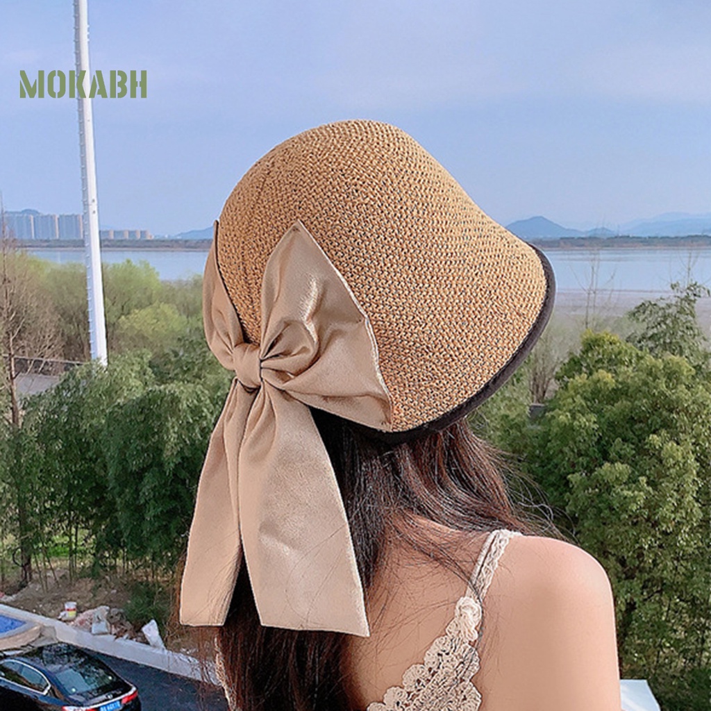 Nón Rộng Vành Chống Tia UV Bằng Polyester Thiết Kế Thắt Nơ Màu Sắc Trơn Thoáng Khí Dành Cho Nữ