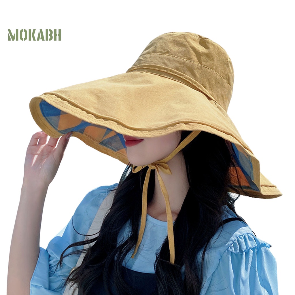 Nón Tai Bèo Hai Mặt Cột Dây Họa Tiết Sọc Caro Màu Sắc Trơn