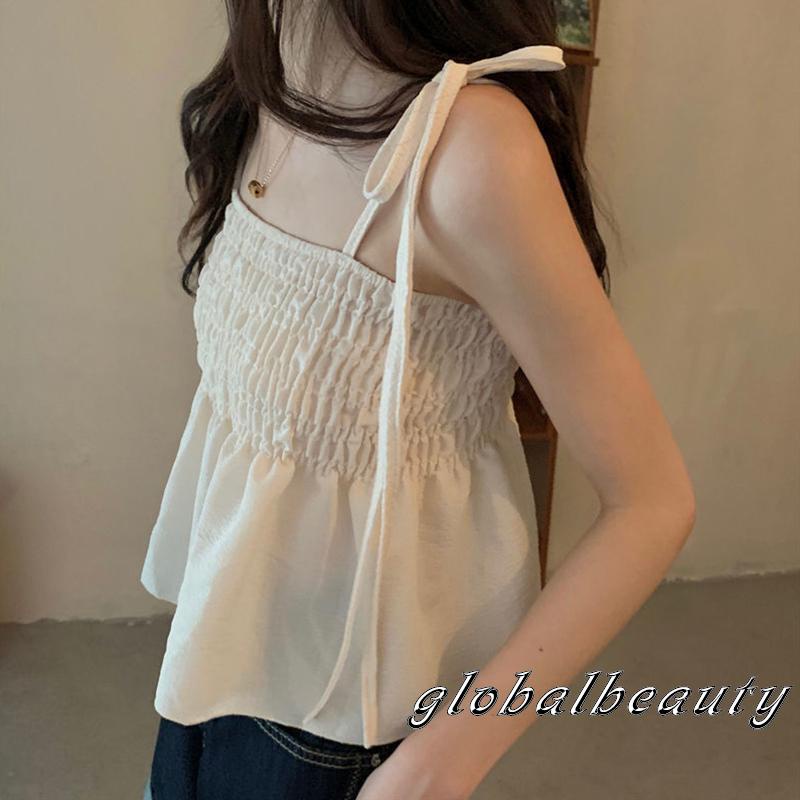 Áo Hai Dây Kiểu Xếp Ly Màu Trơn Thời Trang Mùa Hè Cho Nữ