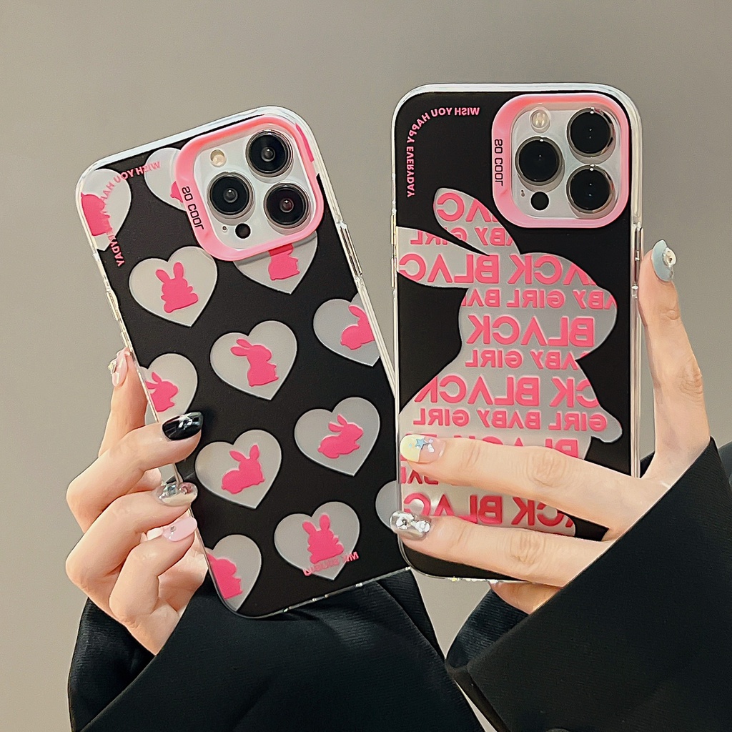 Ốp Điện Thoại TPU Mềm Nhám Họa Tiết Thỏ Hoạt Hình Màu Đen / Hồng Cho iPhone 11 13 12 14 Pro Max