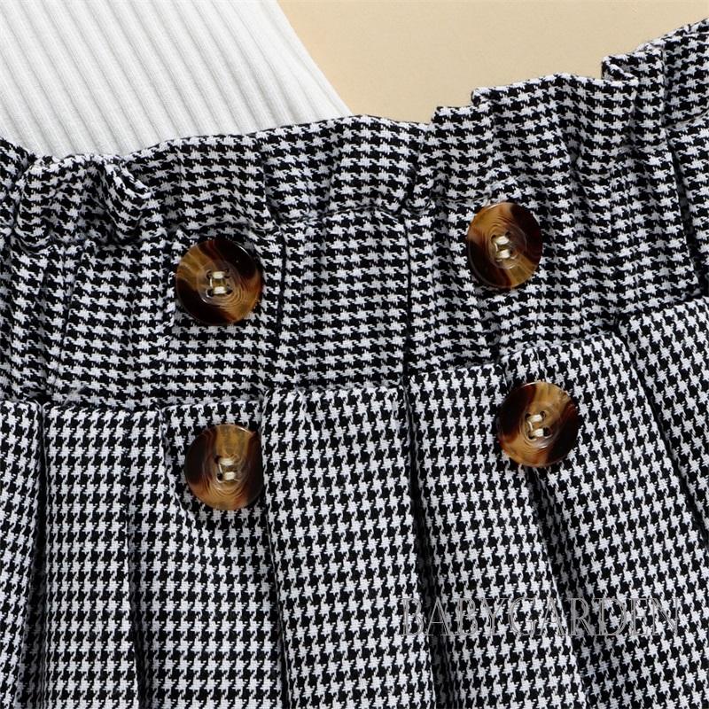 Bộ Áo Tank Top Hở Vai + Chân Váy Xếp Ly Co Giãn In Họa Tiết Houndstooth Thời Trang Cho Bé Gái 3-7 Tuổi