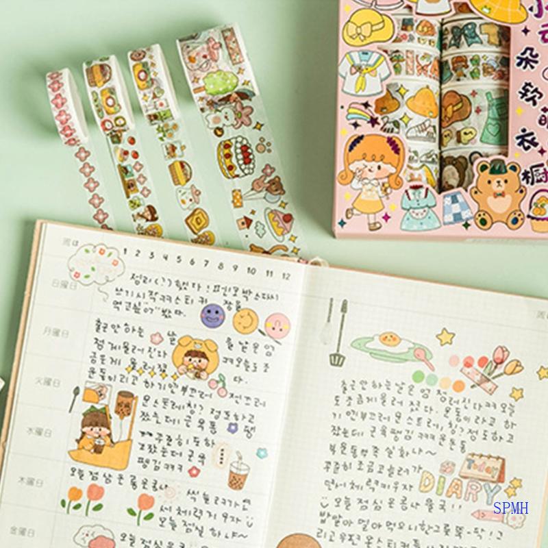 Hộp 10 Cuộn Băng Dính Kèm 10 Tờ Nhãn Dán Trang Trí Thủ Công DIY
