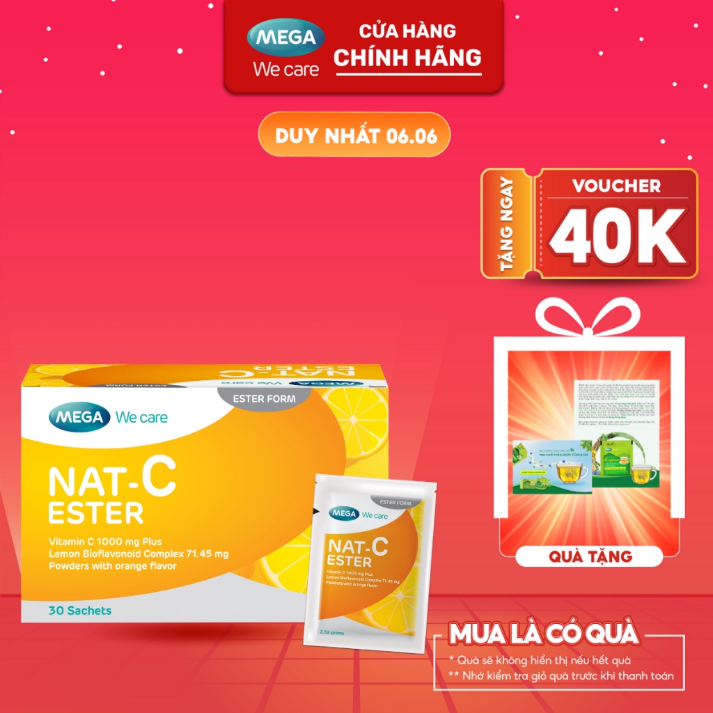 Mega We Care NAT Ester (Hộp 30 gói) – Gói bột bổ sung Vitamin C 1000mg vị cam