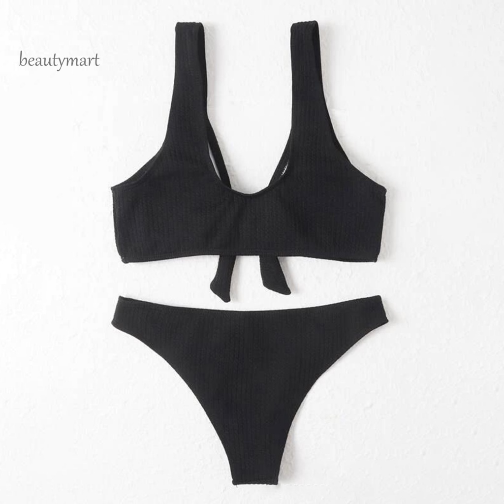 Bộ Đồ Bơi Hai Mảnh Màu Trơn Đính Nơ Co Giãn Dành Cho Nữ