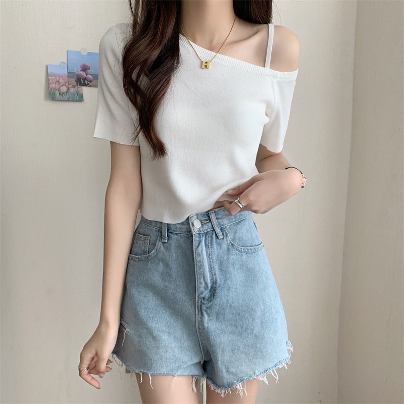 Áo Thun Dệt Kim Tay Ngắn Trễ Vai Phong Cách Quyến Rũ